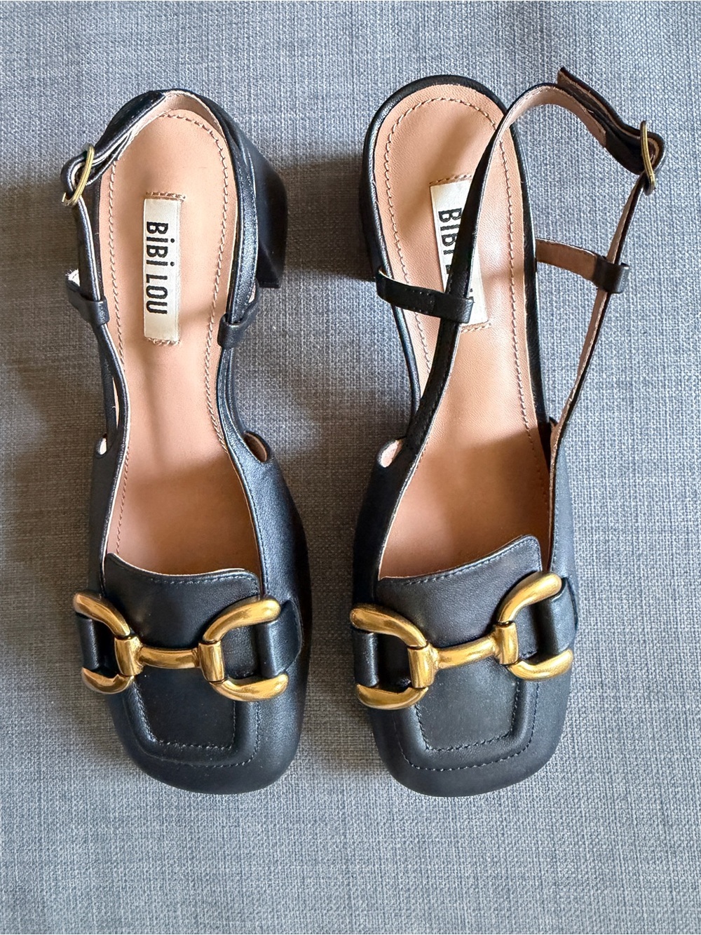 BIBI LOU Black Leather Slingback Heels with Gold Hardware SIZE 36